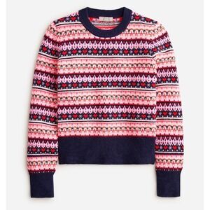 J.Crew Womens Shrunken Fair Isle Heart Crewneck Sweater Pink Navy Lambswool L